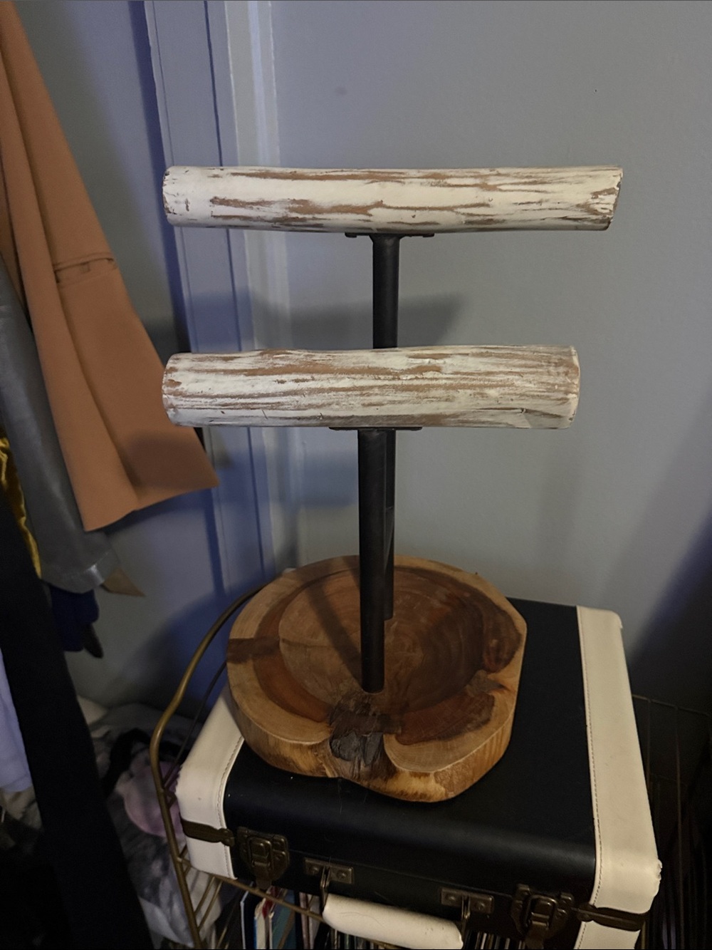 Rustic Double Bracelet T-Bar Display - Whitewashed Wood & Natural Base